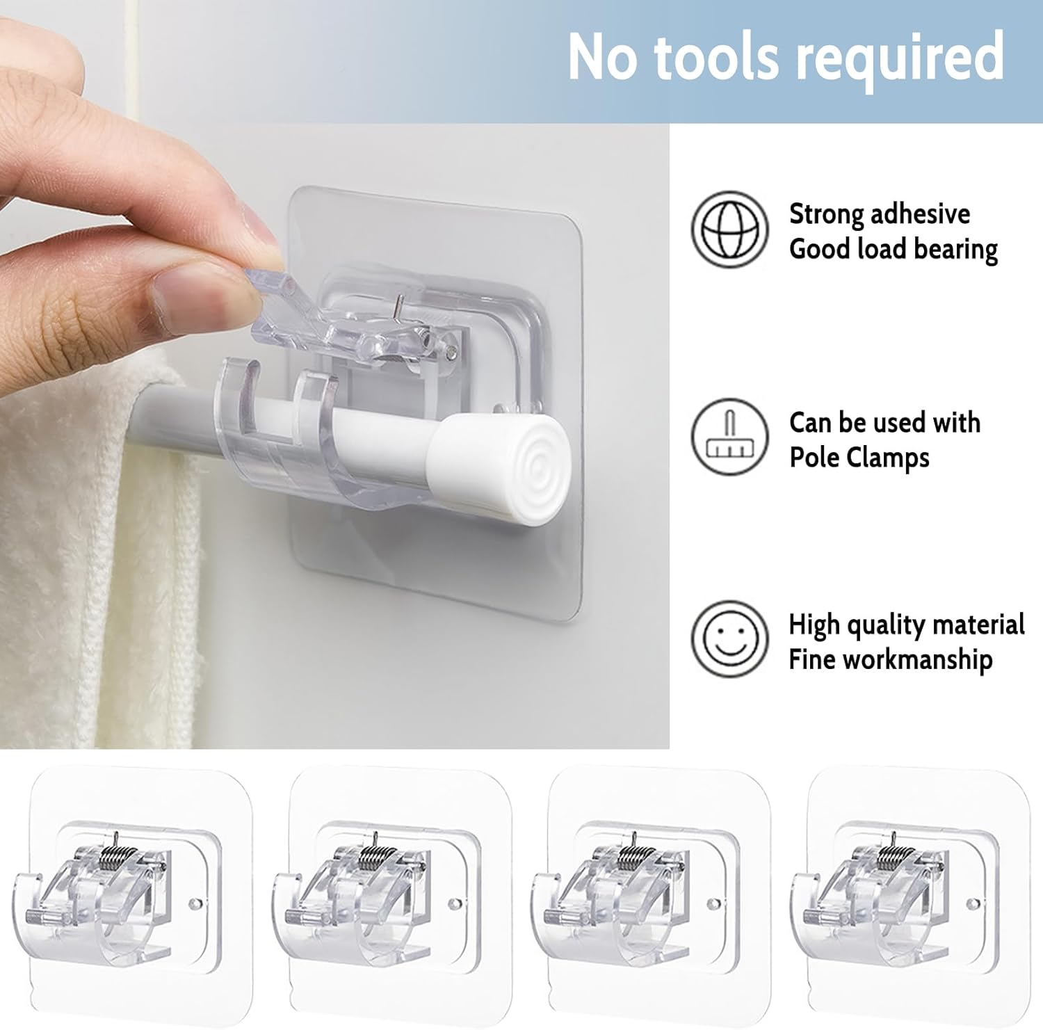 Clear Adhesive Curtain Rod Hooks – Self-Stick PVC Holders for Rods & Poles (2 Pcs)