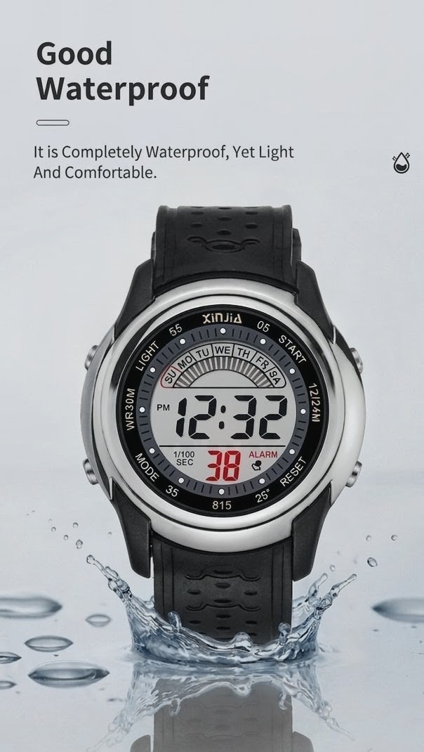 XinJia 815 High-Performance Digital Watch for Men | WR30M Waterproof | Alarm, Light, Chrono, and Unique Week Display | Best For Outdoor & Gym | Black Silver Combo