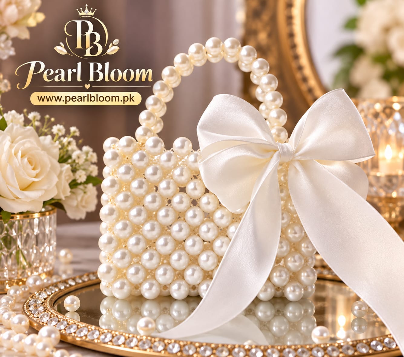 Elegant Mini Handmade Pearl Bag With Ribbon Bow – Versatile Design for Crossbody and Shoulder Carry - Wedding Clutch