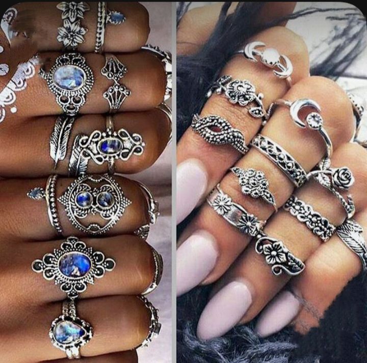 15 pcs ring set for girls with turquoise and black stone - best gift for girls - stylish wedding accessory for engagement couple ring