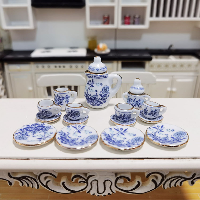 15pcs Small Ceramic Tea Set Doll House Play House Toys Pocket Size Kitchen Food Simulation Figures for 6-12 Year Old Children