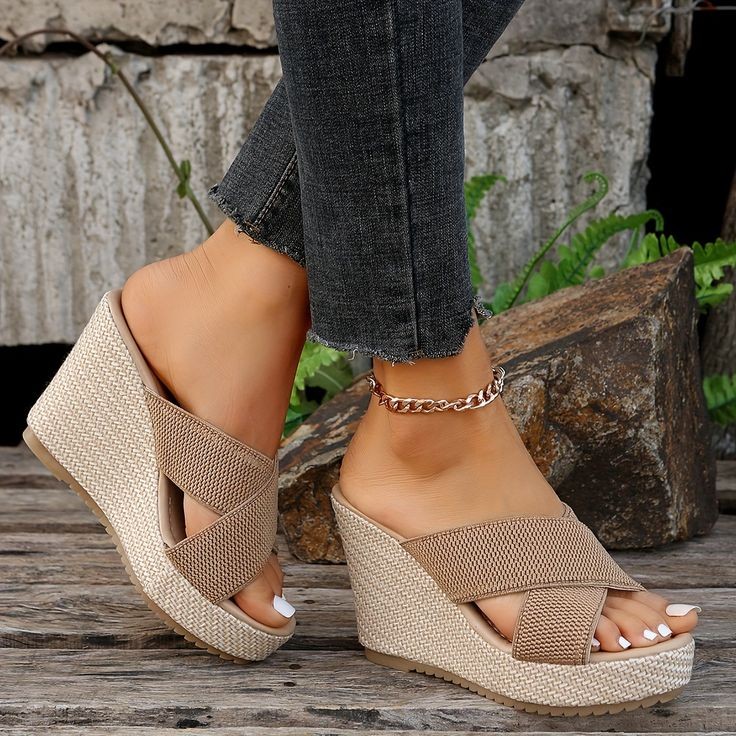 New style comfortable summer design high heel shoes sole colour black brown creem  Women's Crisscross Band Wedge Sandals, Casual Open Toe Slip On Platform Shoes, All-match Outdoor Summer