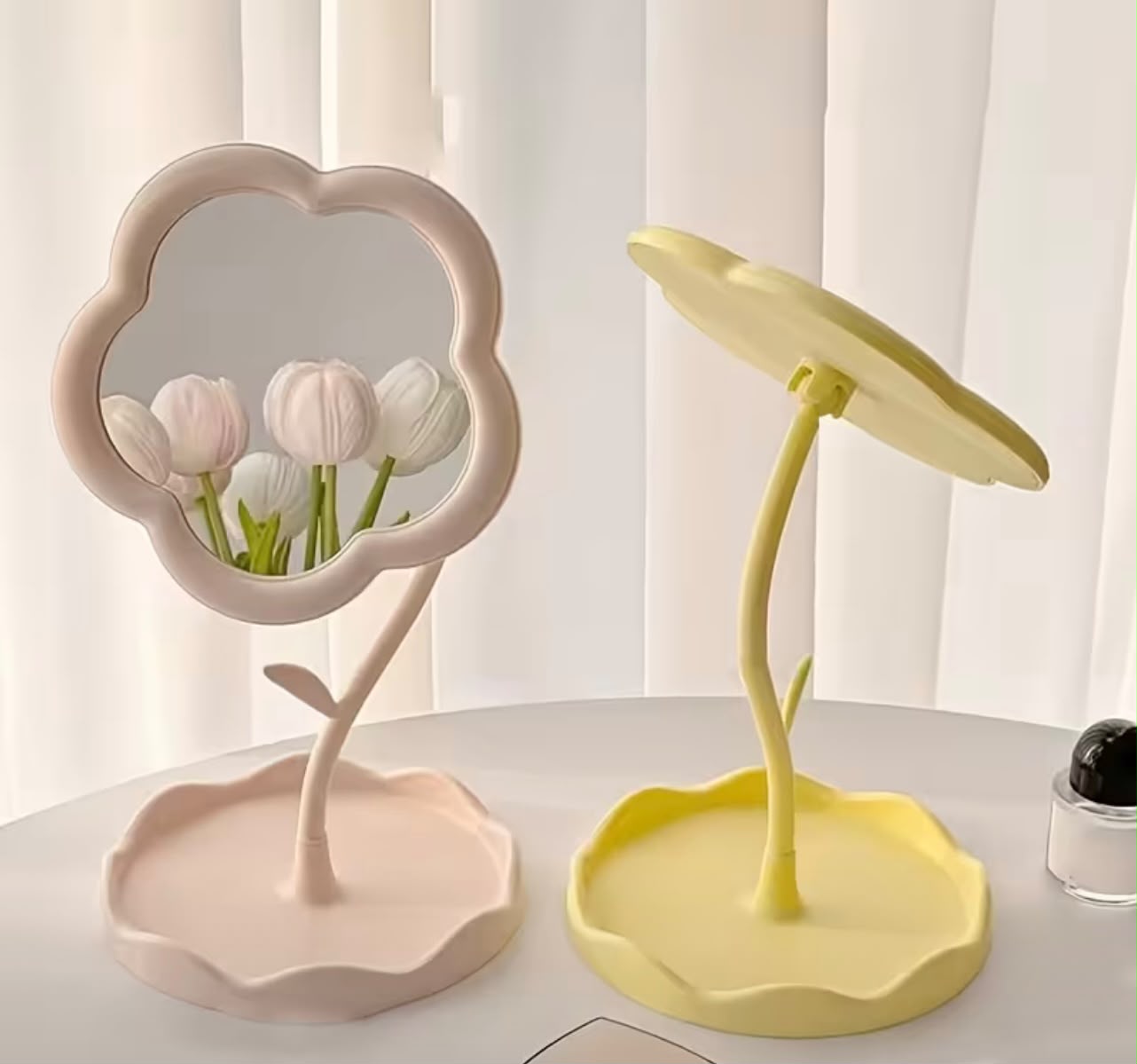Flower Shaped Makeup Mirror with Storage Tray Base – 20cm x 9cm – Cute Vanity Mirror for Dressing Table, Bedroom & Office Desk