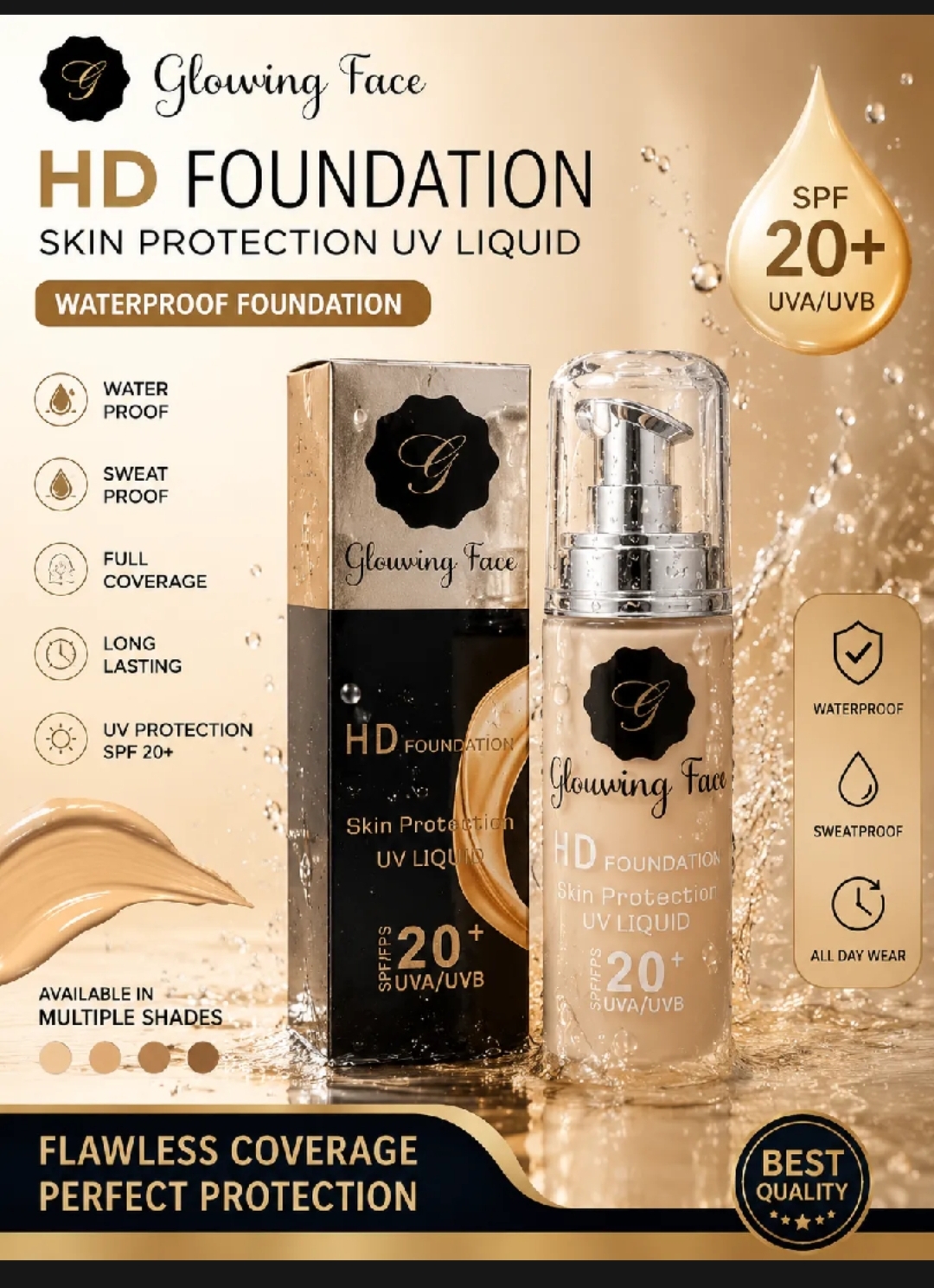 Glowing Face 24 Hours Full Coverage Waterproof Foundation | Long Lasting Matte Liquid Foundation | Smooth HD Makeup Base