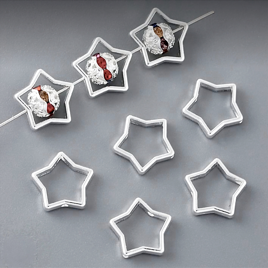 15pcs Silver Star Frame Spacer Beads – Sterling Silver Star Beads for DIY Jewelry & Bracelet Making.