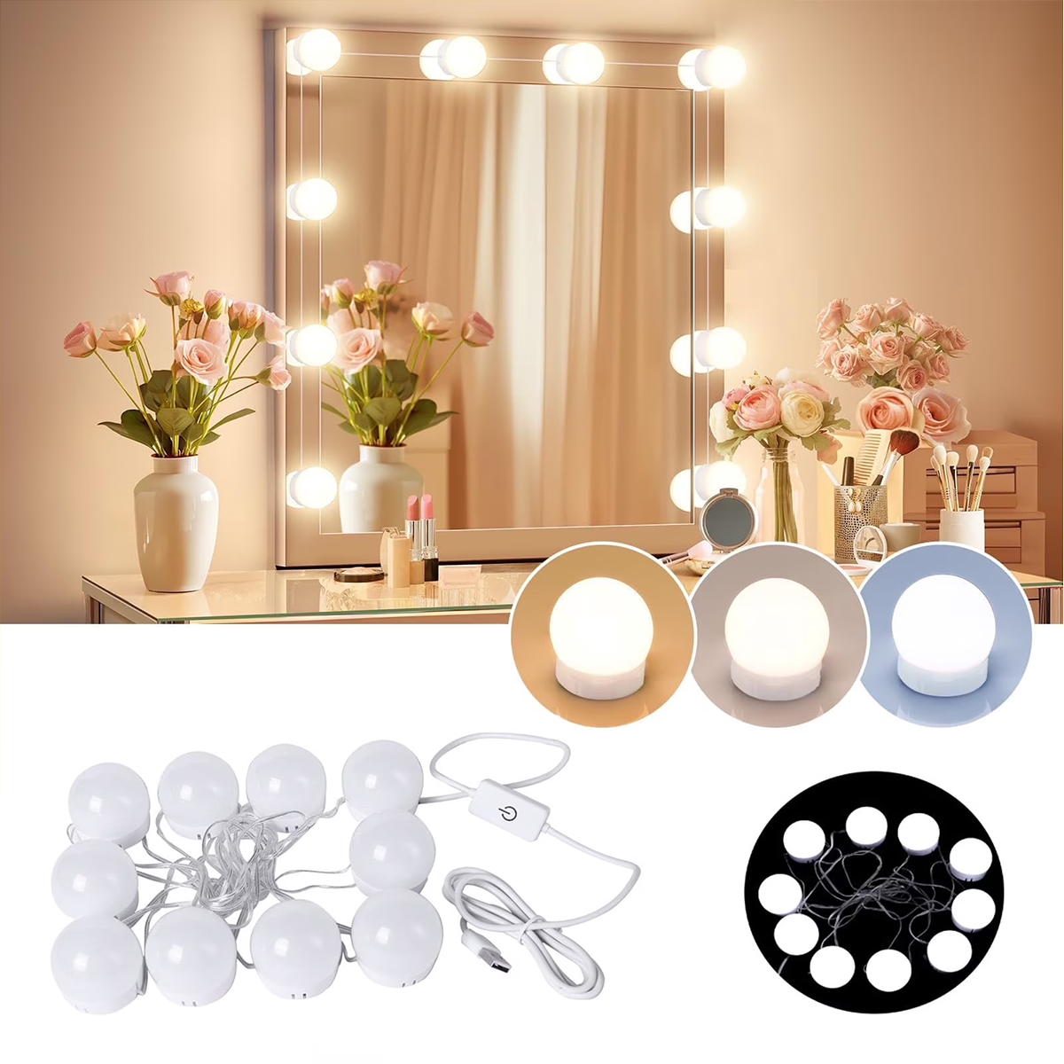 LED Vanity Mirror Lights 10 Bulbs – Hollywood Style Makeup Dressing Table Lights with 3 Color Modes & Adjustable Brightness | USB Powered Easy Installation for Home & Salon