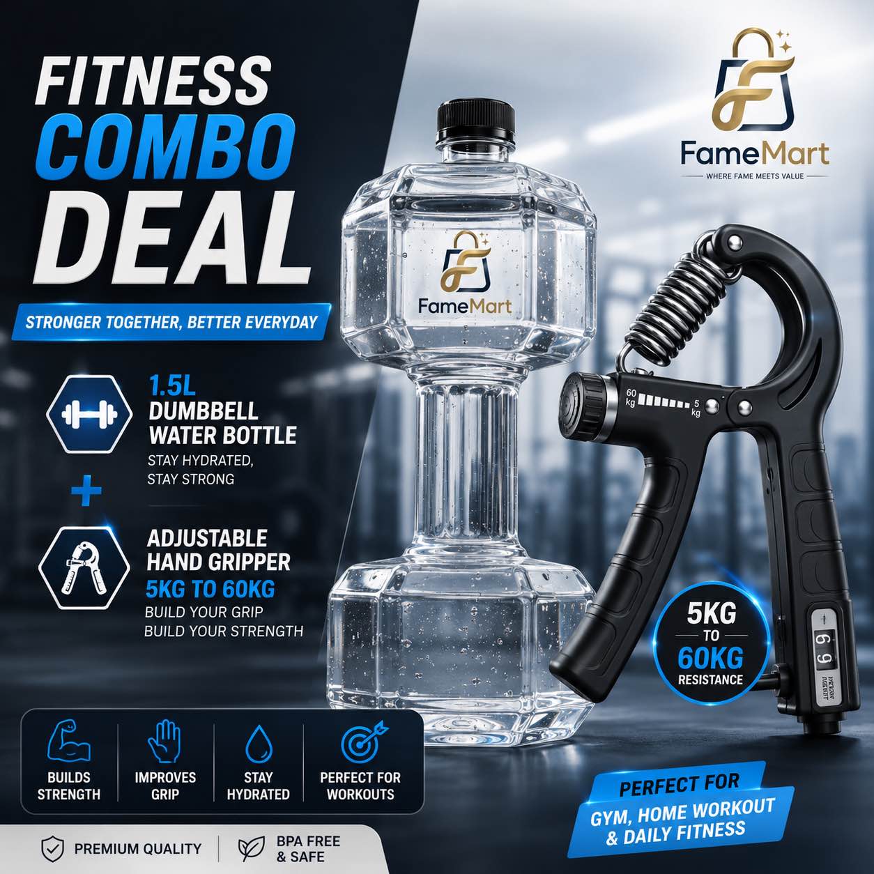 Gym Combo Deal – 1.5L Dumbbell Water Bottle + Adjustable Hand Gripper (5KG-60KG) | Fitness Workout Set | Home Gym Exercise Equipment | BPA Free Water Bottle | Grip Strength Trainer