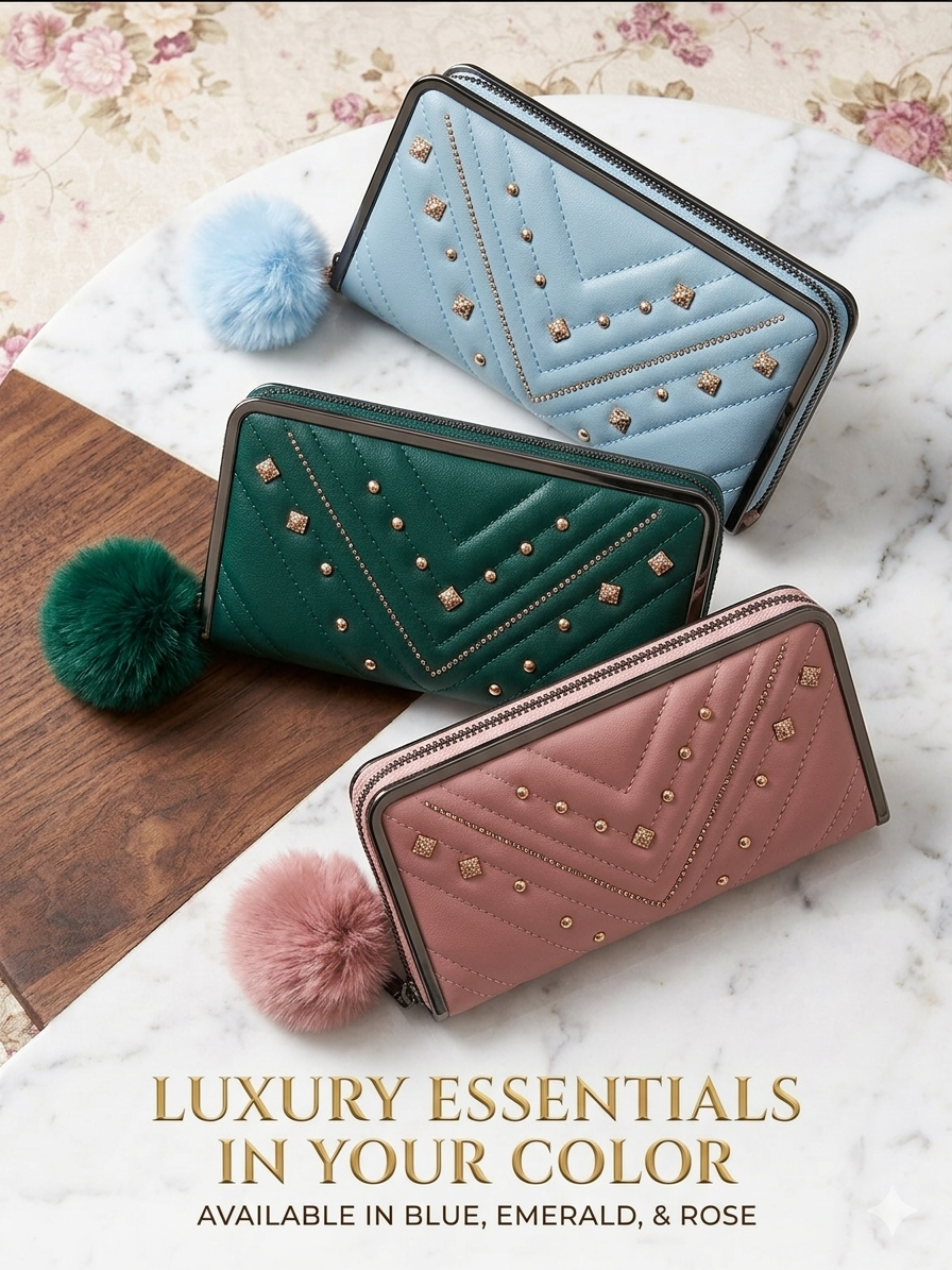Beautiful Leather Fashion Hand Bags Wallet Clutches With Long Zippe