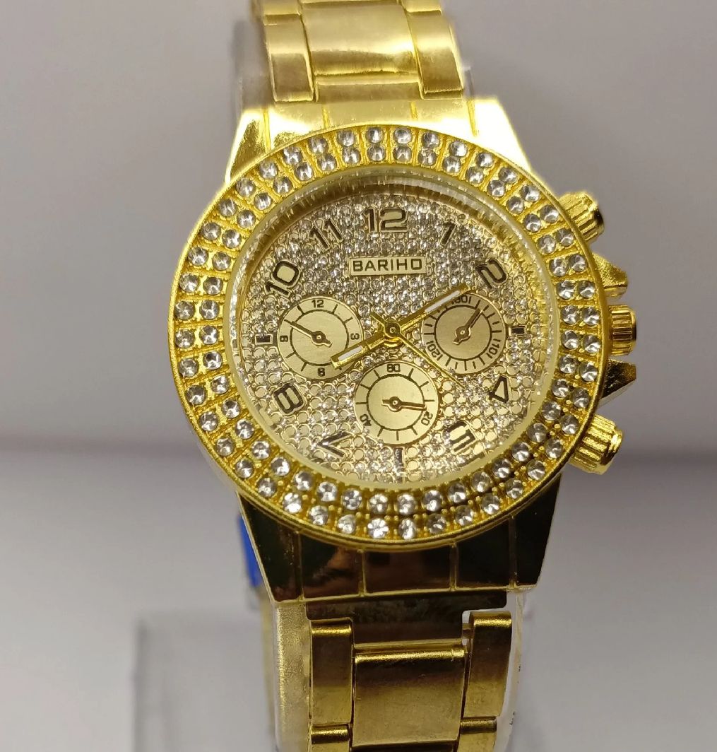 PACK OF 2 /TOP TRENDING  HIGH QUALITY LUXURY STONE WATCH WATCH DEAL-TOP FASHION GOLDEN ROUND WITH WHITE ZIRCONIA CROWN WATCH+STAINLESS STEEL CUBAN LINK HEAVY BRACLATE FOR MEN- BEST GIFT FOR WEDDING ENGAGEMENT CASUAL  WATCH DEAL FOR MEN
