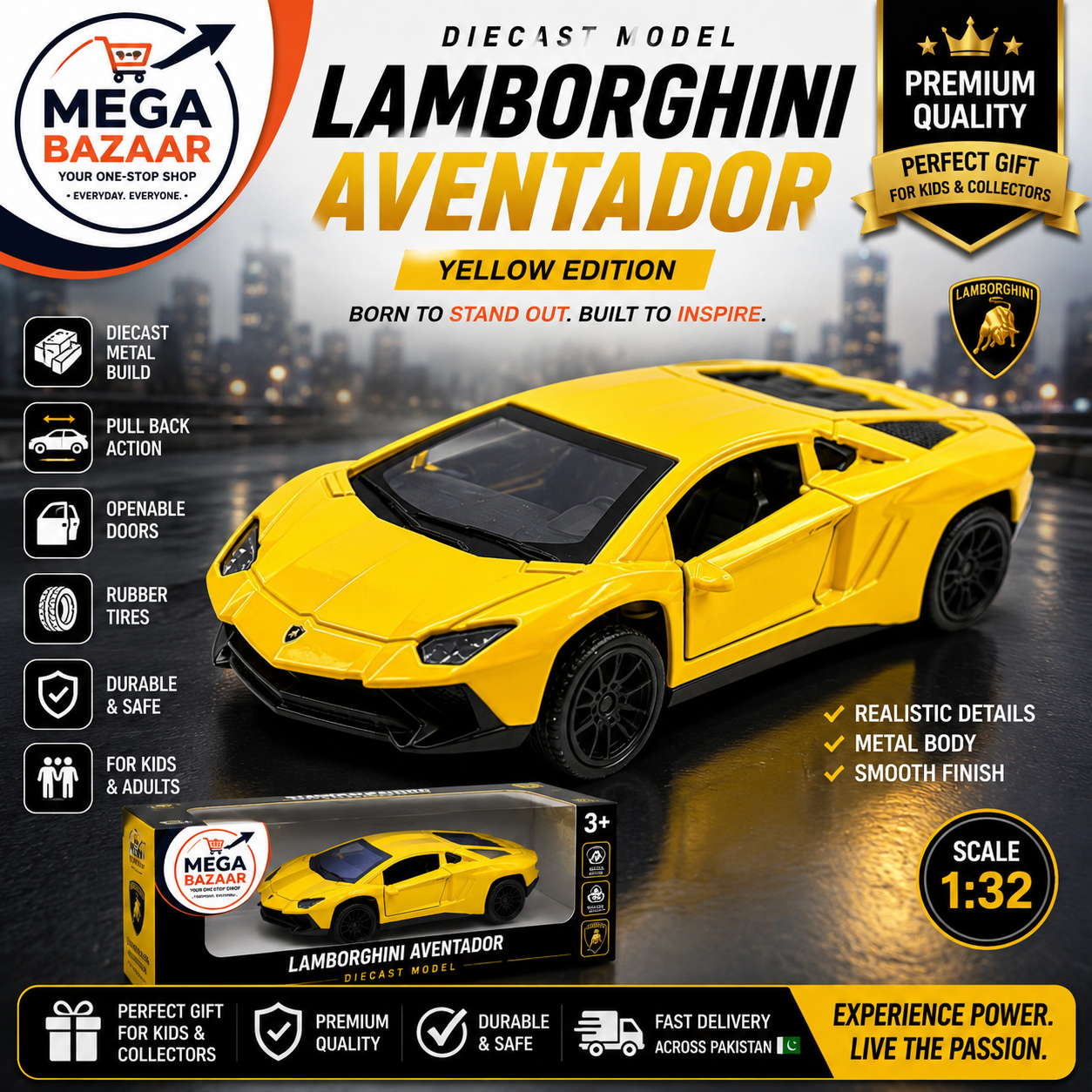 Lamborghini Aventador Diecast Metal Toy Car 1:32 Scale Yellow Edition Pull Back Openable Doors