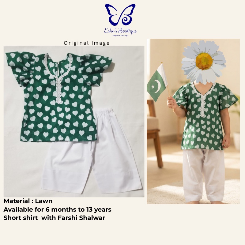 14 August Dresses | Independence day Dresses for girls | Green Dresses for girls | Green and White Dresses | Cotton stuffKids Girls 14 August Independence Day Lawn Dress | Pakistan Day Green White Shirt Trouser Shalwar Suit Caftan | 6 Months to 13 Years