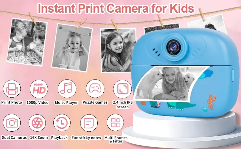Smart Digital Dual Lens Instant Print Camera for Kids | 1080P Video Recorder & Selfie Camera with Thermal Printer | 2.4" IPS Screen | Mini Portable Camera with Games | Birthday Gift for Girls & Boys | Children’s Digital Camera Toy