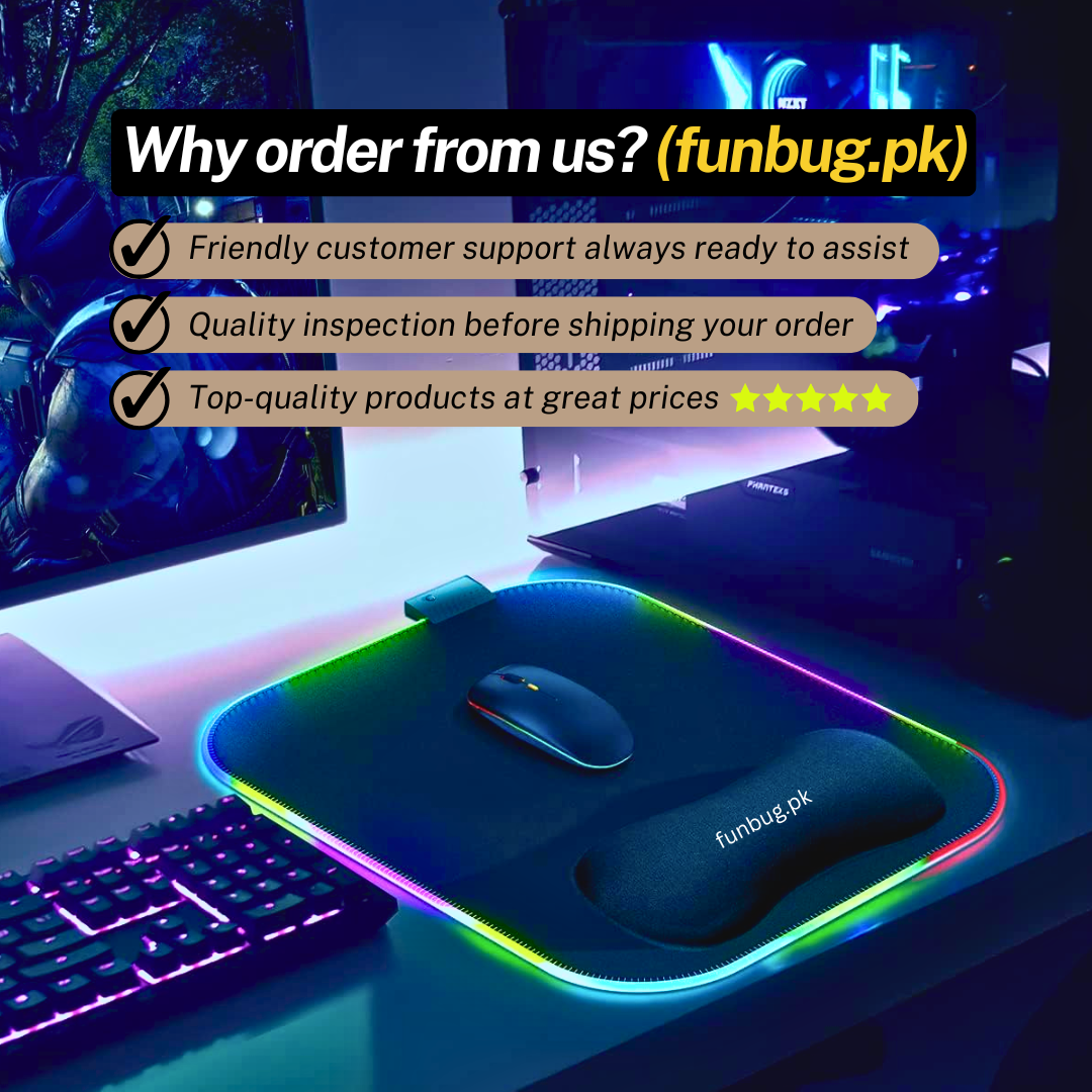 High-Quality XXL RGB Gaming Mouse Pad SMALL & Large Size with Gel Wrist Pad - Extended & Small Led Soft Cloth Mousepad Mat with Non-Slip Rubber Base & 14 Lighting Modes for Gamers, PC Computer, Laptop, Office - (800×300×4mm) - Black - FunBug