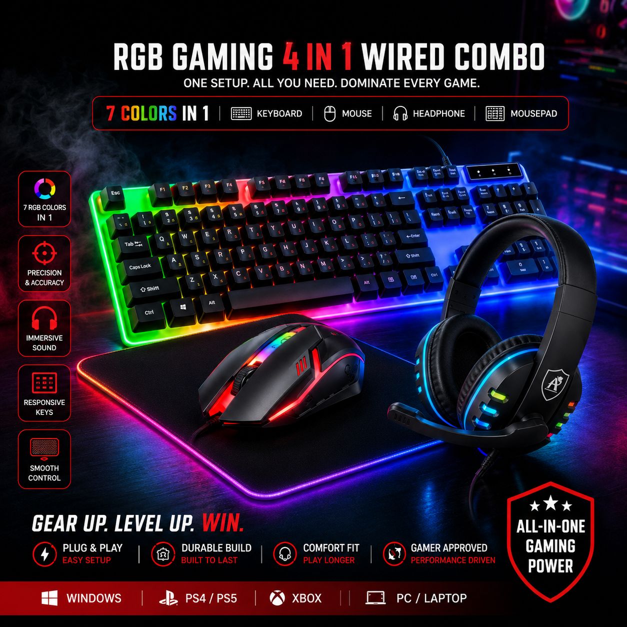 RGB Gaming Keyboard Mouse Combo with Large RGB Mouse Pad | 3PCS Gaming Set | USB Wired Mechanical Feel Keyboard | LED Gaming Mouse | PC Laptop Compatible