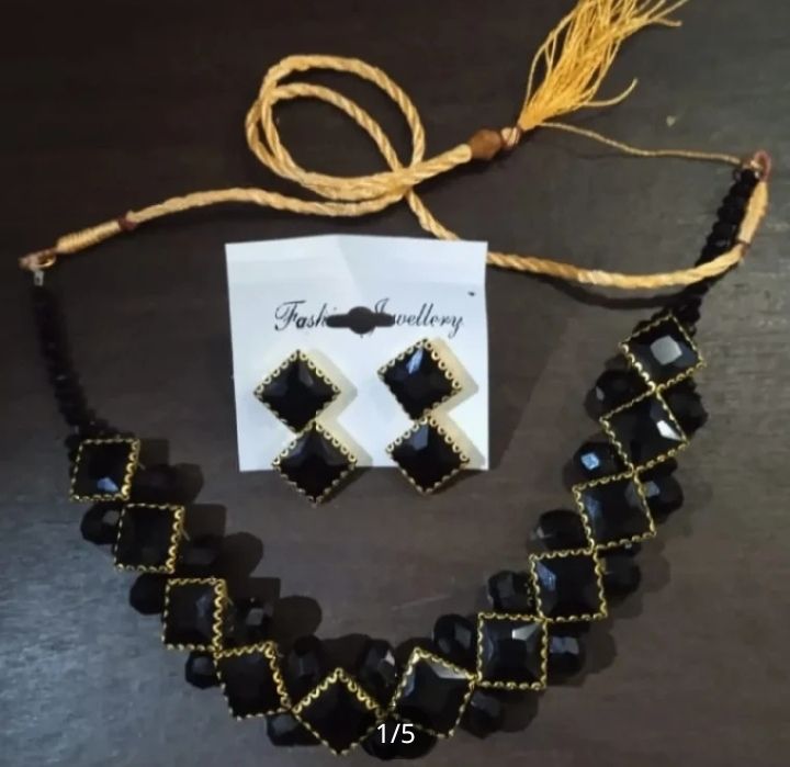 Premium Quality Black Stones Choker Necklace With Earrings Set - Black Choker Necklace For Wedding - Black And Gold Choker - Black Necklace - Wedding Choker Set - Black And Gold Choker Set - Choker Set With Earrings