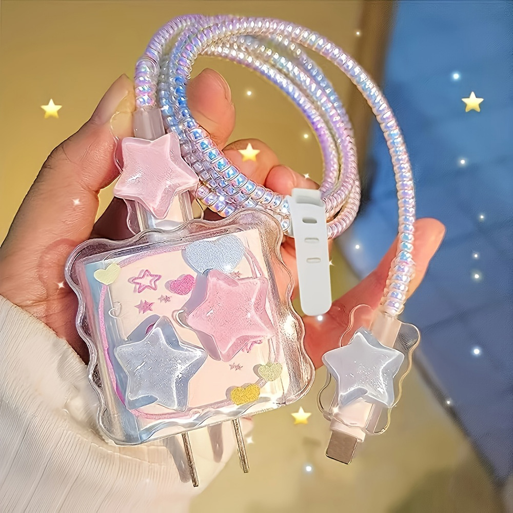 5pcs/Set Blue Pink 3D Star Wave Shell For iPhone 20W 18W Charger Protective Case Cable Organizer Charging Head Protector Cover