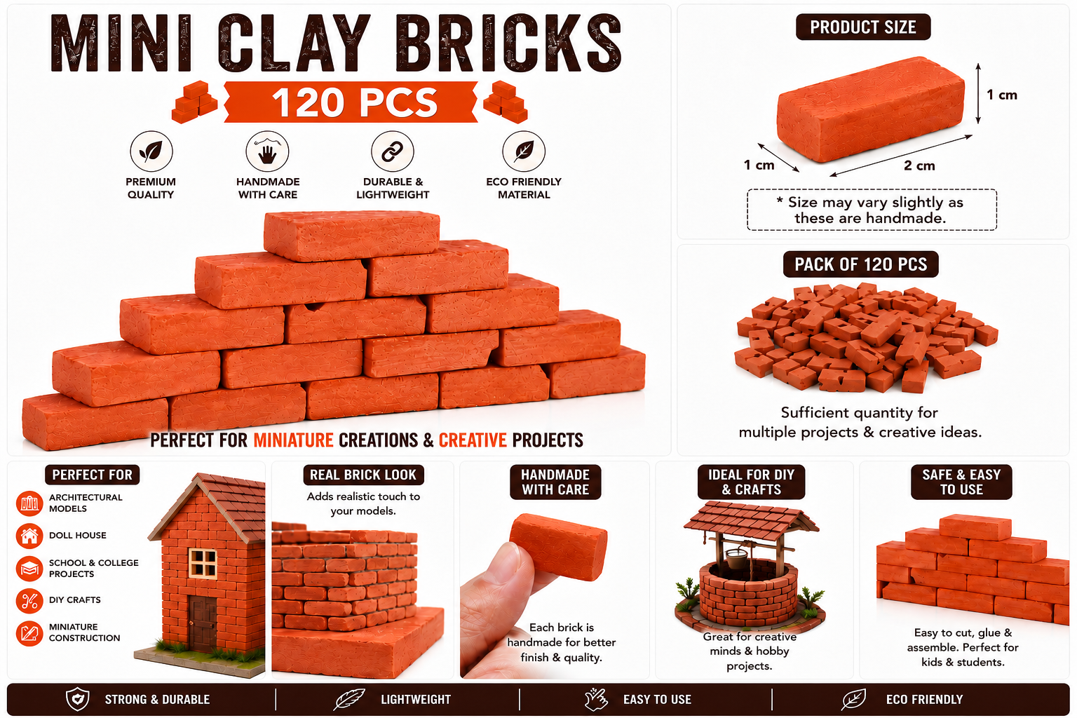 120 PCS Mini Clay Bricks | Handmade Mini Red Bricks for Doll House & Miniature Construction | Architectural Models, School Projects, DIY Crafts & Model Building