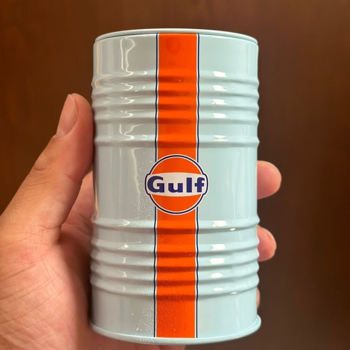 Gulf Oil Racing Car Micro Model Iron Box Scene Desktop Ornament Storage Tank Home Garden Decorative Craft for Collectors 