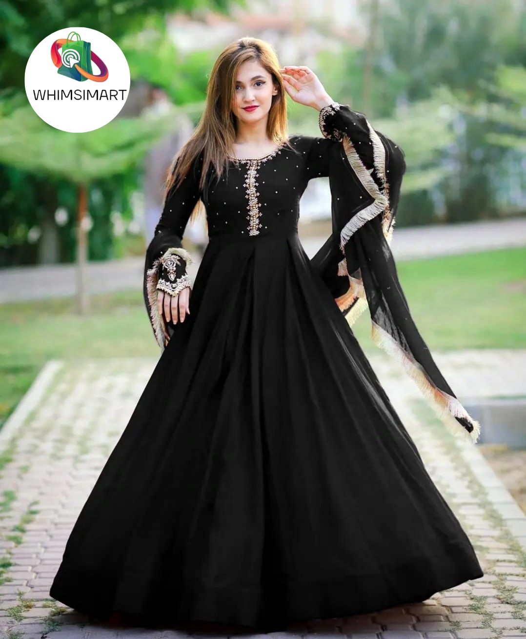 Embroidered Chiffon Maxi Dress for Women - Kaya Work on Neck and Sleeves, Lace Dupatta, 3-Piece Set, Ready-to-Wear