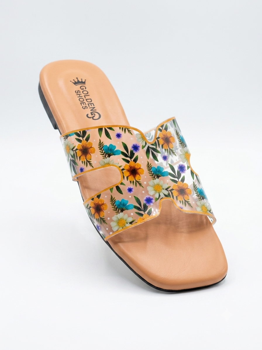 GOLDEN SHOES Women's Transparent Floral Flat Sandals | Stylish Clear Strap Slides with Colorful Flower Print | Casual Summer Footwear For Girls | Comfortable Square Toe Flats (Light Tan)