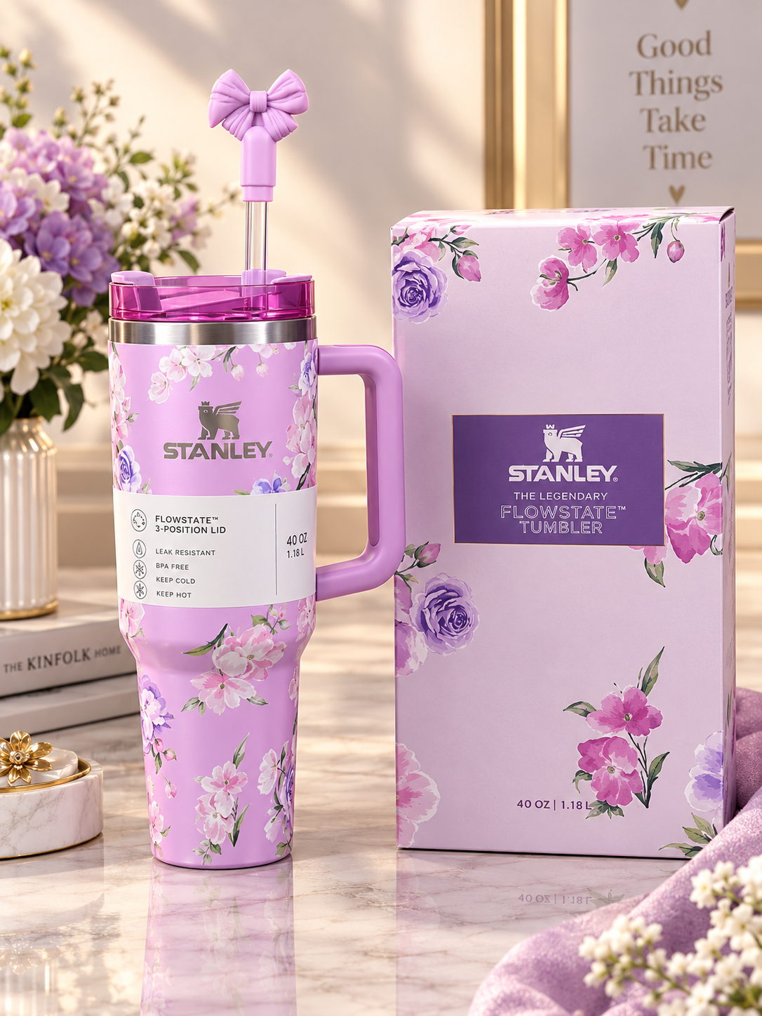 Stanley  Printed Tumbler | Premium Insulated Stainless Steel Cup with Lid & Straw | Leakproof Travel Mug Hot & Cold