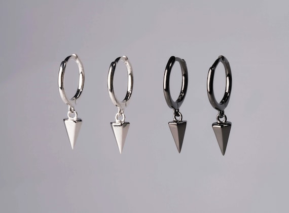"Black Stainless Steel Hoop Earrings with Spike Drop – Punk Rock Style for Men & Women"