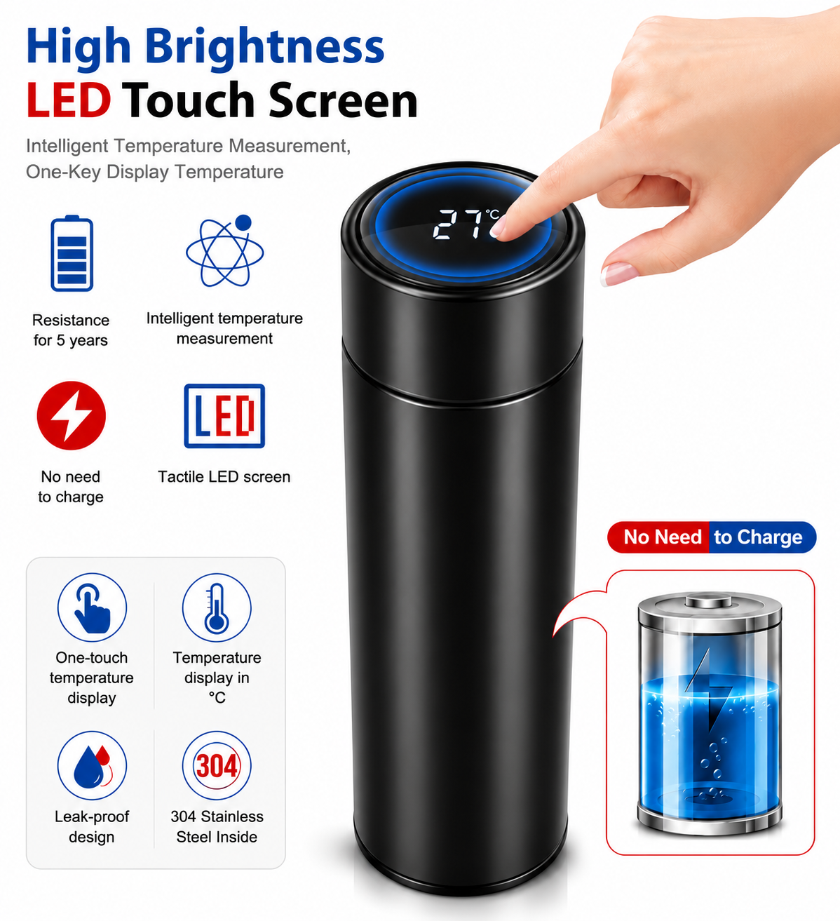 Intelligent Temperature Water Bottle with Touch Screen LED - 500ML Stainless Steel Vacuum Thermos, Leak-Proof Insulated Flask for Gym, Office & Travel