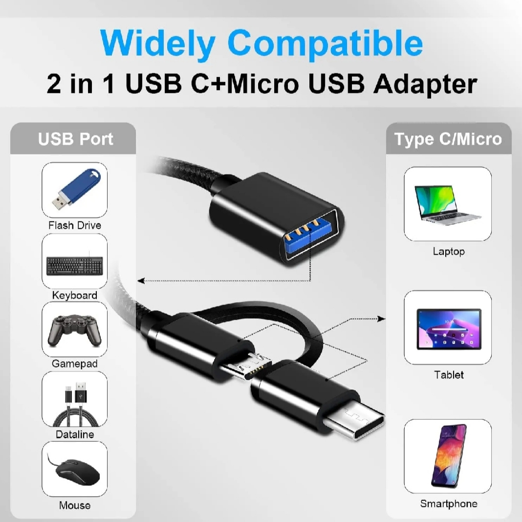 2 in 1 Type C + Micro USB OTG Adapter USB 3.0 | Alloy Frame With Frabric Wire | High Speed Data Transfer Pendrive Connector for Android Mobile Tablet Laptop | Type C & Micro USB OTG Cable