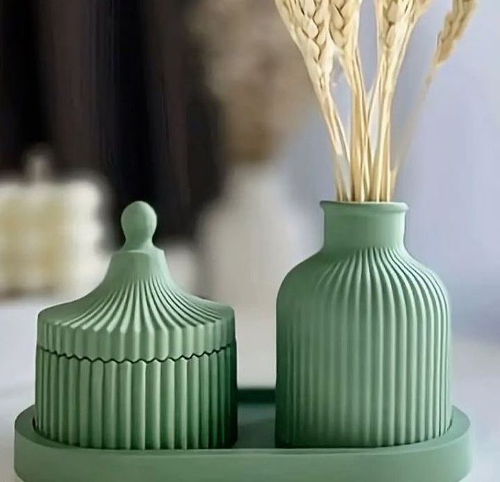 3 Pcs Set of Home Decor  1x Ribbed Concrete Mini Flower Vase, 1x Ribbed Concrete Trinket Jewellery Storage Box & 1x Oval Shaped Concrete Trinket Tray  Storage & Organisation  Decorative Accents  Jewellery Armoires & Boxes  Gift Sets