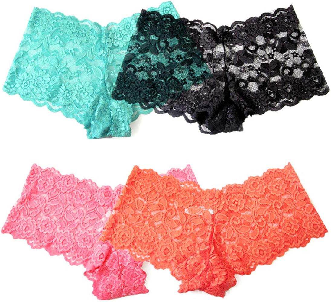 Women Floral Lace Boyshort Panties Soft Breathable Full Net Underwear Fancy Bridal Comfortable Lingerie Multicolor Small Medium