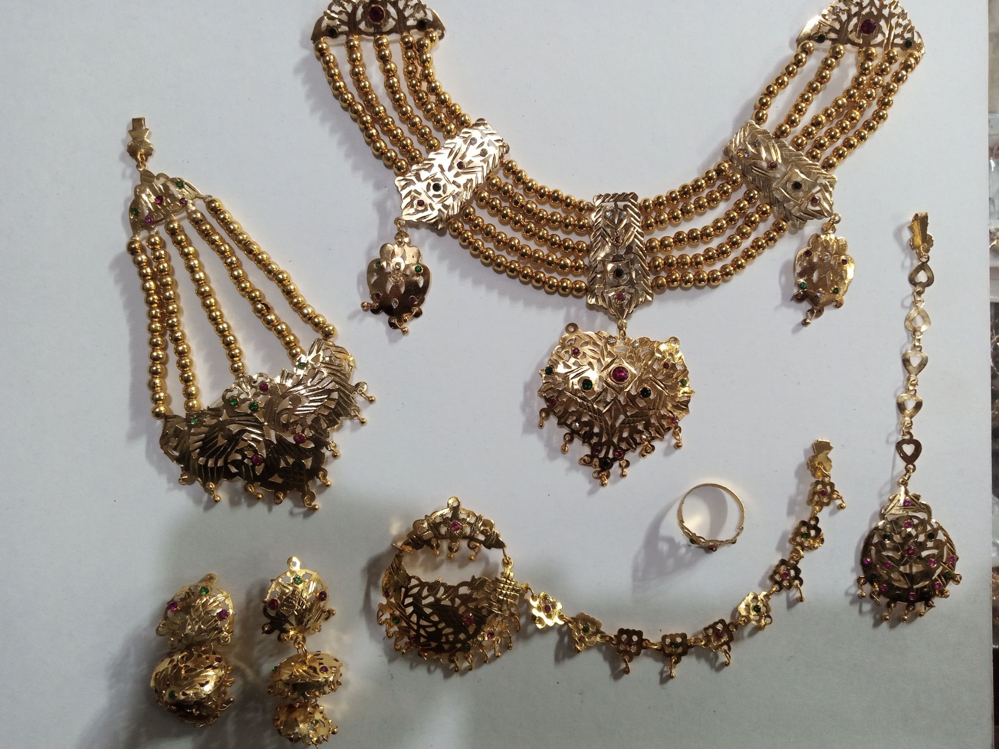 Exquisite Traditional Gold-Plated Bridal Necklace Set with Jhumar, Jhumki, Tikka, Nath, and Ring – HS STAR Collection