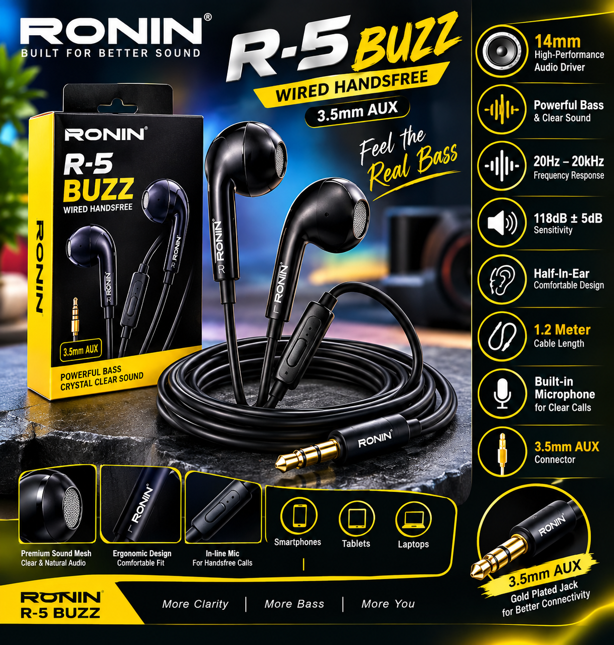 Ronin R-5 Buzz Wired Handsfree 3.5mm AUX | 14mm Driver | Powerful Bass | Clear Sound | Built-in Mic | 1.2M Cable