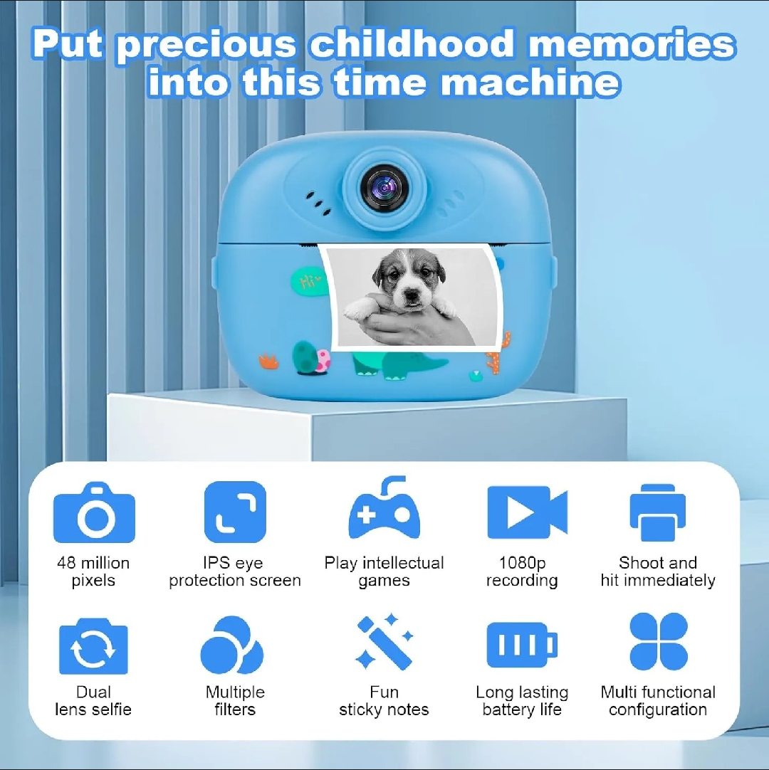 smart Digital Dual Lens instant Print camera For kids 1080 P Vedio Recorder & Selfie Camera With Tharmal Printer Camera 2.4" IPS Screen Mini Portable Camera With Games Best Gift For Gift For Both Girls And Boys ! Children Digital Camera Toys For Kids