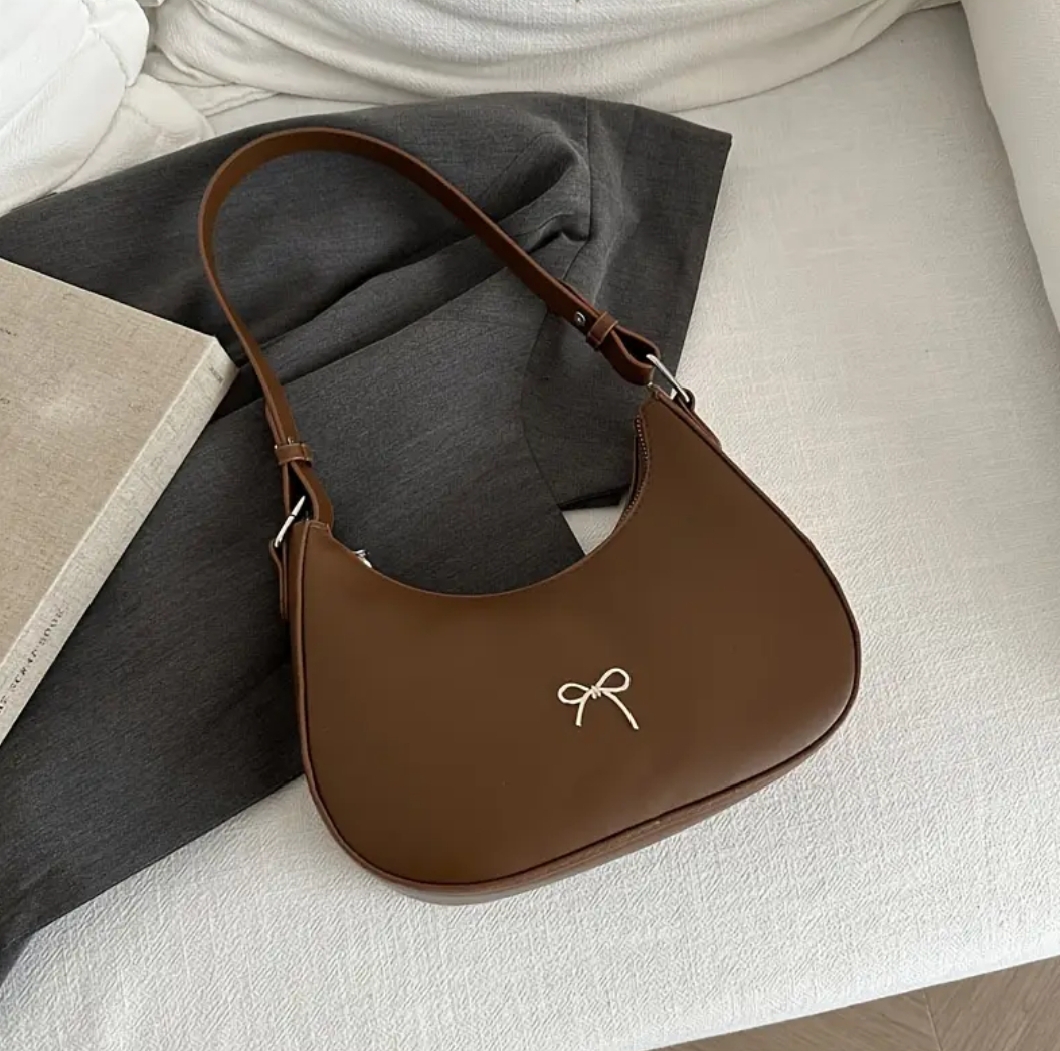 Women's Luxury Crescent Underarm Shoulder Bag  Cute Bow Leather Half Moon Purse & Handbag for Girls