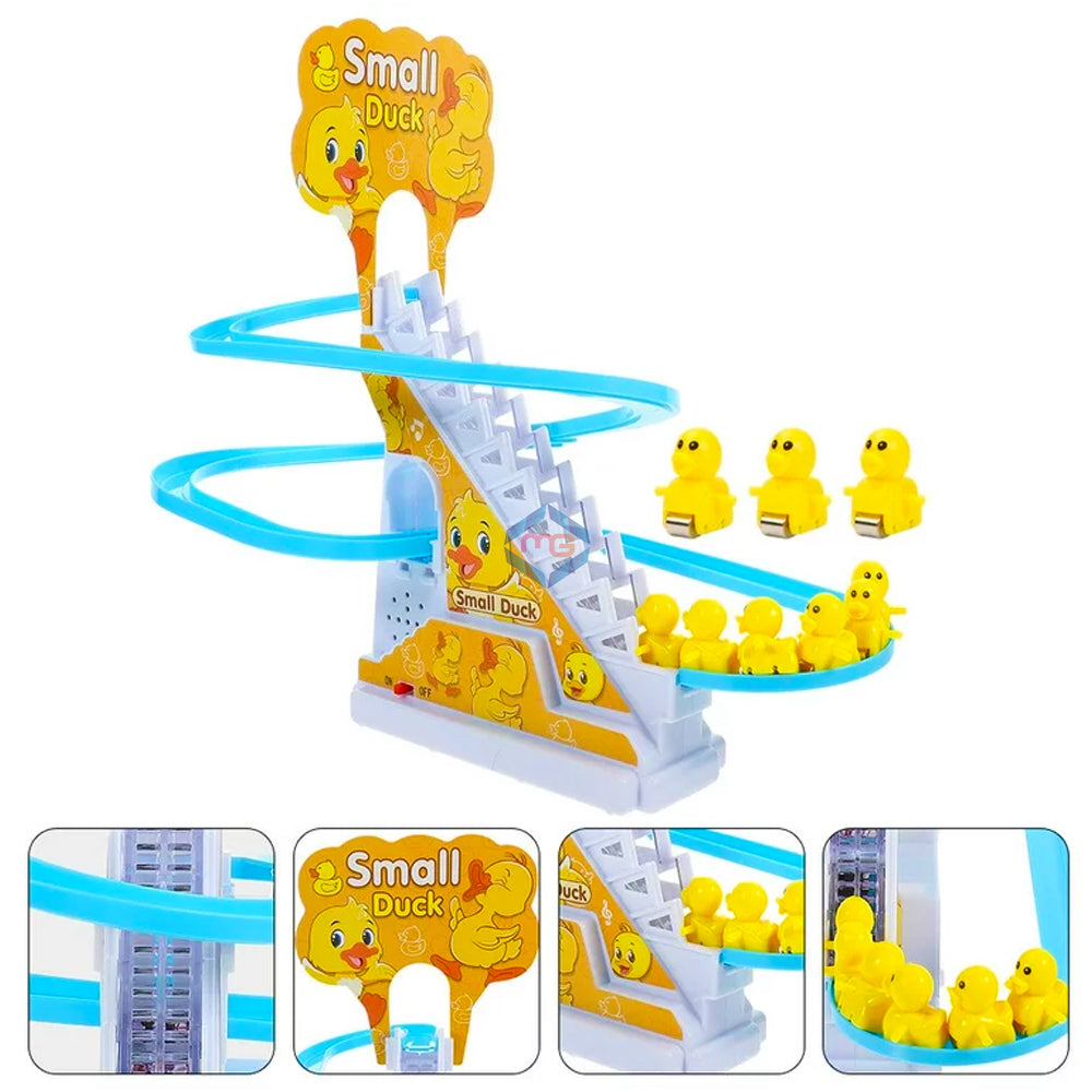 Small Duck Slide Toy,Electric Duck Climbing Stairs Tracks Slide Toy Set,Duck Roller Coaster Toy with Flashing Lights & Music On/Off Button