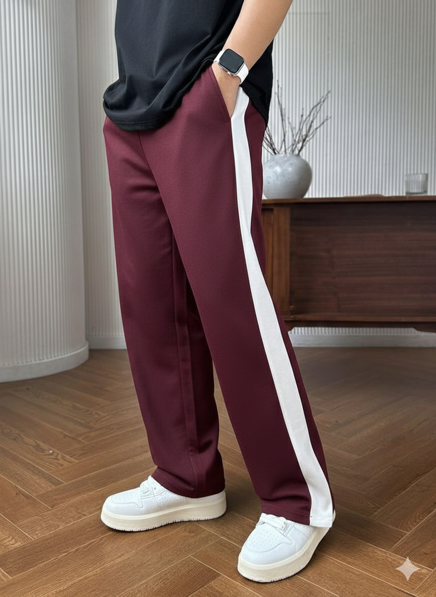 Men's Maroon Wide Leg Trouser with White Side Stripe