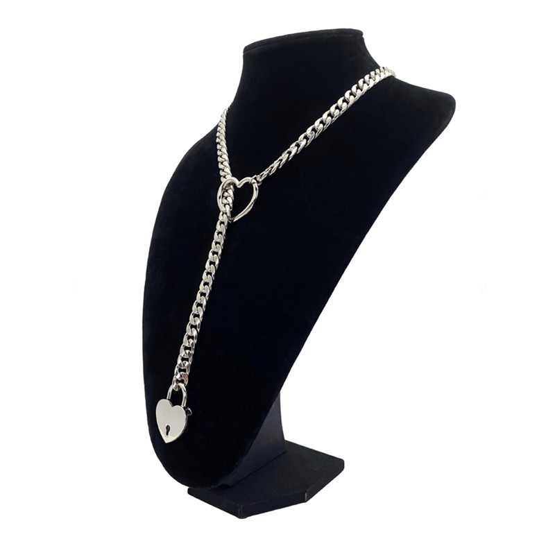 Role play Womens Slip Chain Necklace Heart O-Ring Rock Cuban Cosplay Long Necklace Adjustable Heart Shaped Lock Core With Key
