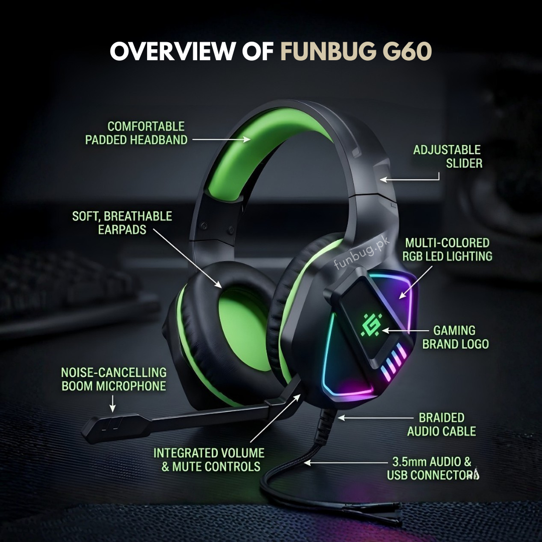 【Professional】 G60 Gaming Headphones Rgb with Mic for PC, Pubg Mobile, PS4, Laptop - 360 Surround Sound Super Bass Vibration Over the Ear Wired Head Phones Headset for Gaming with Noise Cancelling Micophone - By FunBug