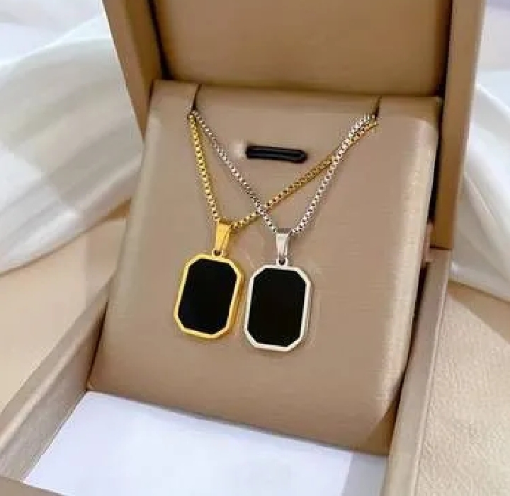 "Men's Stainless Steel Black Rectangle Pendant Necklace – Gold & Silver Chain