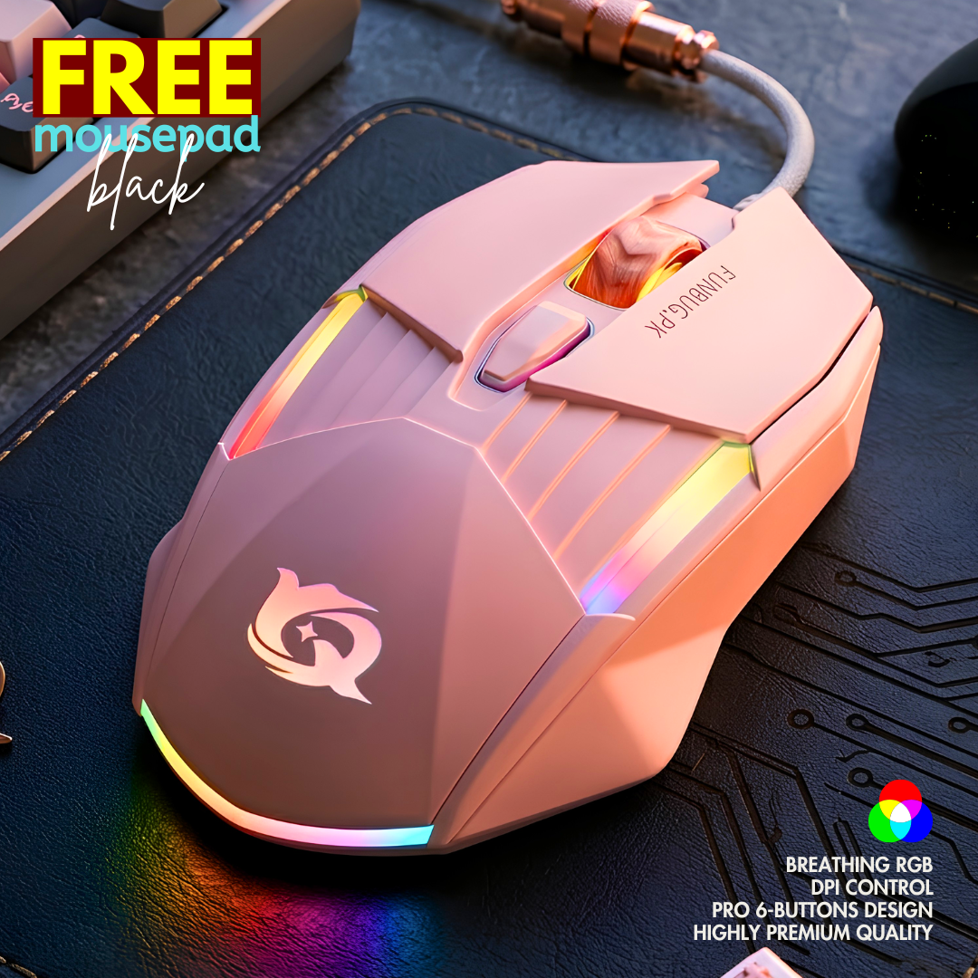 Mechanical Wired Gaming Mouse RGB with 3200dpi - Rose Gold Pink & Blue Optical Mouse with Mouse Pad for PC, Computer, Gaming, Laptop, Pubg, Mobile - Aesthetic Gaming Mouse for Girls - FunBug GX6