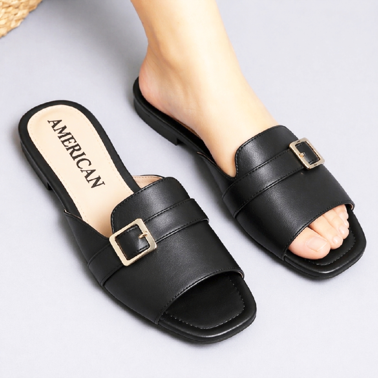 Women Stylish Slide Sandals Flat Slippers - Soft Leather Look Casual Comfort Chappal with Golden Buckle - Summer Fashion Ladies Footwear in Black, White, Camel & Fawn Colors