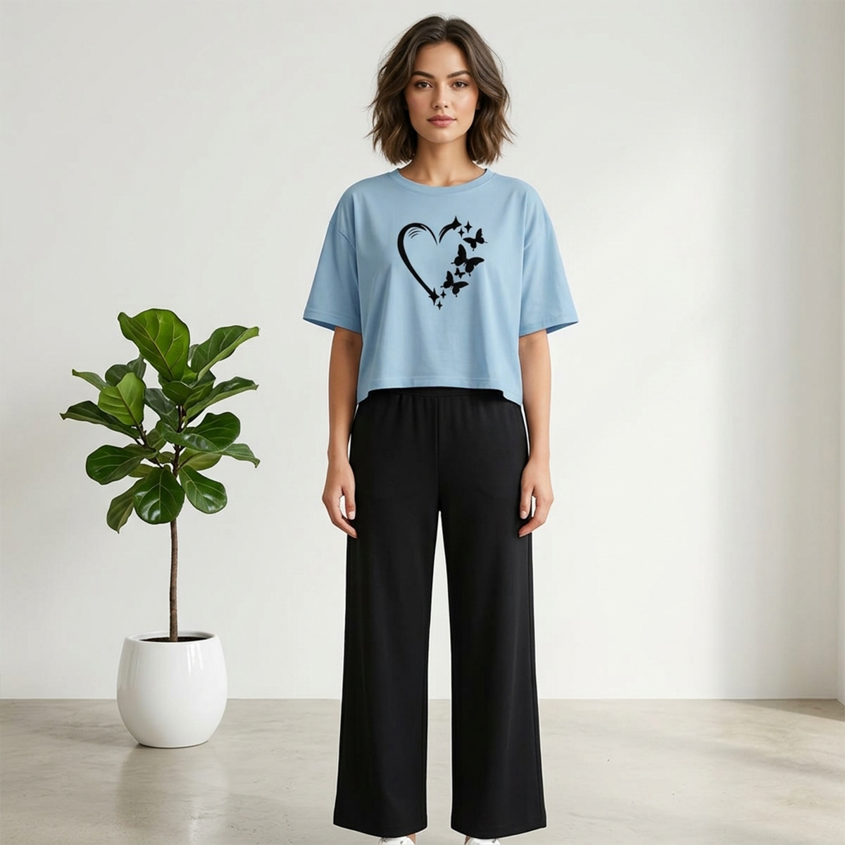 MK Garments Palazzo and Crop T-Shirt for Women Summer Premium Quality Cotton Blend Casual Butterfly Heart Printed Multiple Colors Available
