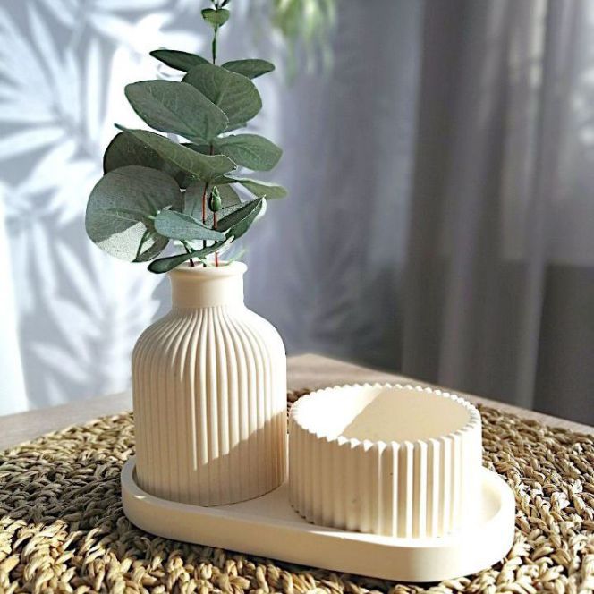 3 Pcs Deal, 1x Ribbed Concrete Flower Vase, 1x Ribbed Concrete Trinket Storage Jar & 1x Oval Shaped Concrete Trinket Tray, Jewellery Storage, Home Decore, Decorative Accents, Vases for Artifical Flowers & Plants, Vases & Vessels, Candleholders
