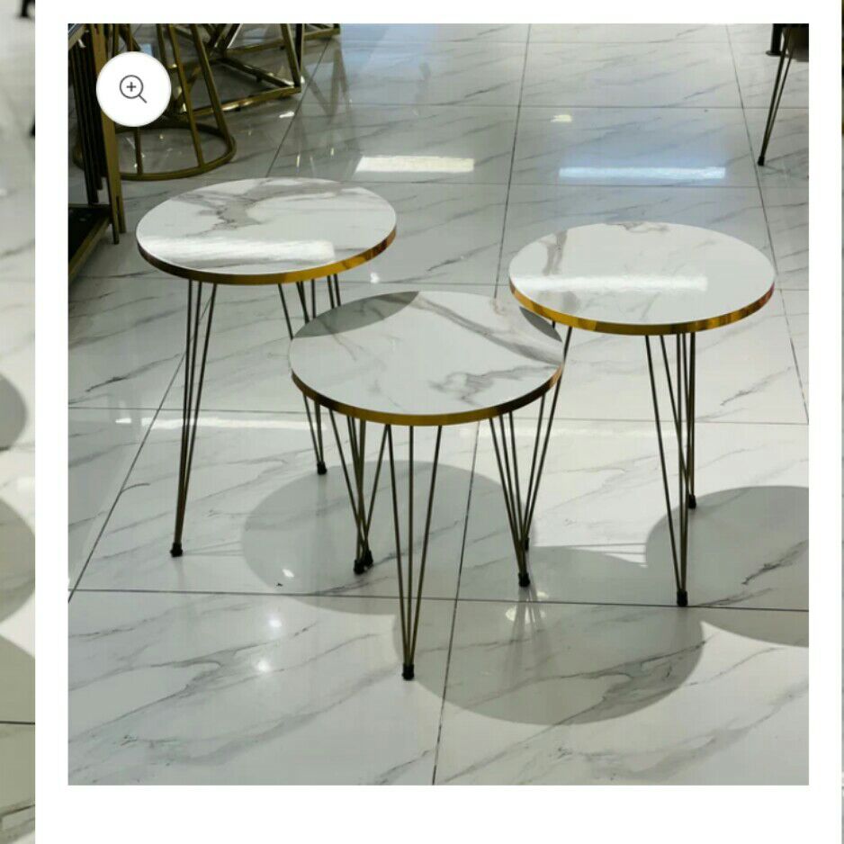1 PCS - SET OF THREE PCS ROUND MARBLE COFFEE TABLE HIGH GLOSS NESTING- ROUND STACKING COFFEE SIDE TABLES WITH THREE STYLISH METAL LEGS FOR HOME & OFFICE.