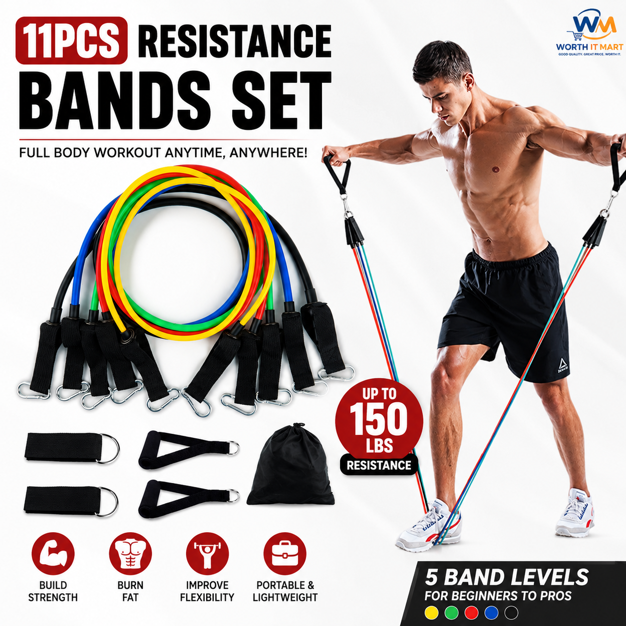Power Resistance Bands For Workout For Women & Men (11pcs), Exercise Bands For Home And Gym Workouts. Perfect Resistance Band For Exercise And Muscle Building.