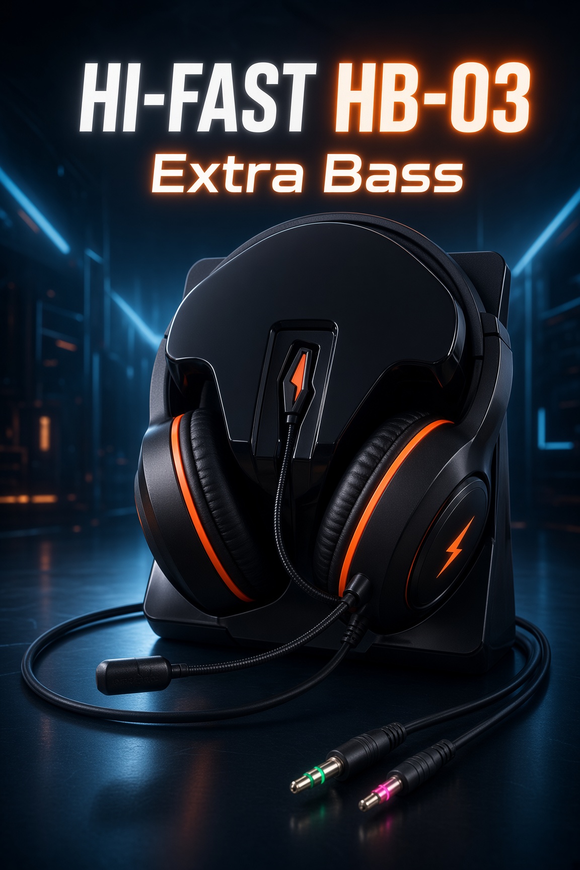 HI-FAST HB-03 Gaming Headphone Extra Bass Wired Headset with Mic | 3.5mm Dual Splitter for PC PS4 Xbox Laptop Mobile | Black Orange Over Ear Headphones with Stand