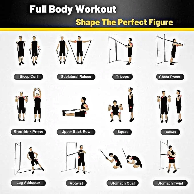 11 PCS Latex Resistance Band Set for Yoga Pilates & Abs - Home Gym Fitness Workout Equipment with Door Anchor & Ankle Straps - Heavy Duty Elastic Pull Rope Chest Expander - Tummy Trimmer for Weight Loss Belly Fat Burner & Stretch