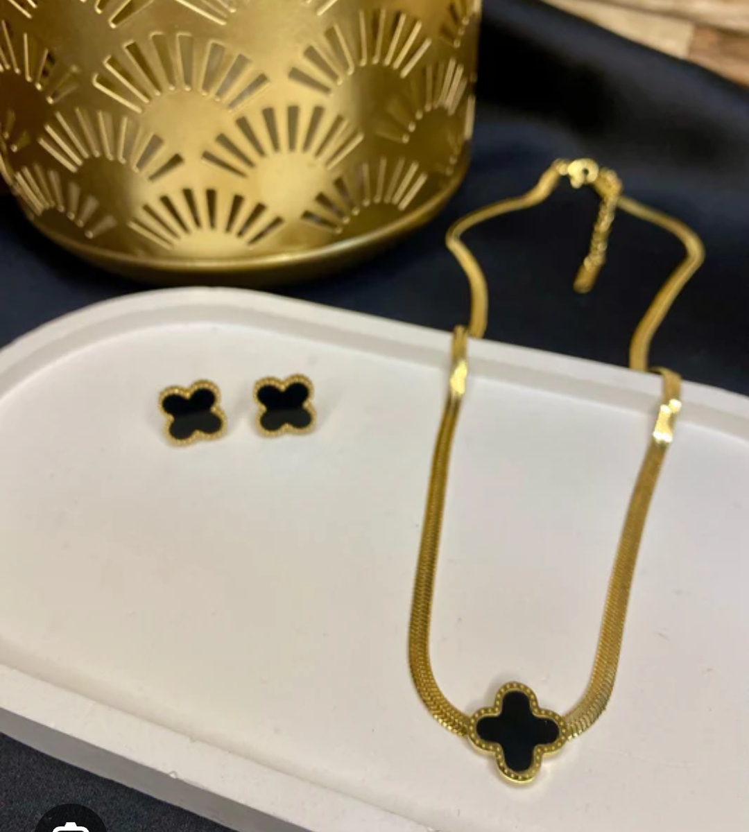 Elegant Black Clover Pendant Necklace & Stud Earrings Set for Women | Golden color | Daily Wear Jewelry