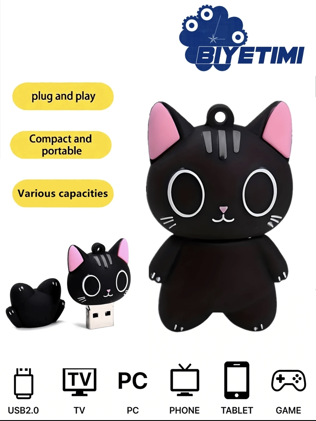 Biyetimi 128GB Cute Black Cat Pattern 2.0 USB Flash Drive