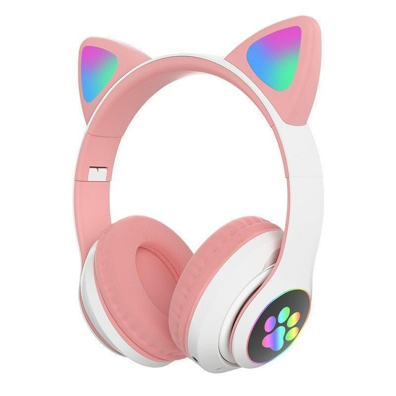 Cat Ear Wireless Bluetooth Headphones for Girls with LED Light and Microphone